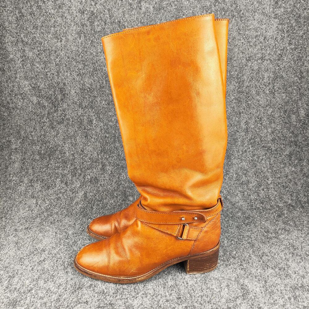 J.Crew Riding Boots Womens Size 7.5 Brown Leather Knee High Buckle Block Heel